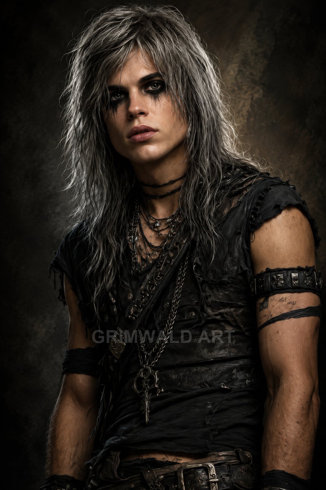 Portrait of an androgynous, silver-haired human wearing black tattered leather, layered chains and key pendant, heavy kohl eyes, against a dark textured background.