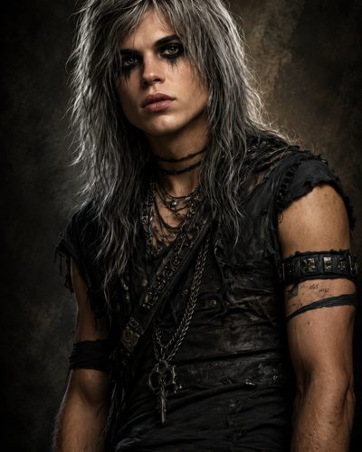 GRID THUMBNAIL — Portrait of an androgynous, silver-haired human wearing black tattered leather, layered chains and key pendant, heavy kohl eyes, against a dark textured background.