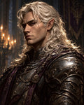 GRID THUMBNAIL — Stoic silver-haired elf knight in intricate dark armour with purple accents, firelit cathedral backdrop and soft candlelight, half-length portrait facing left.