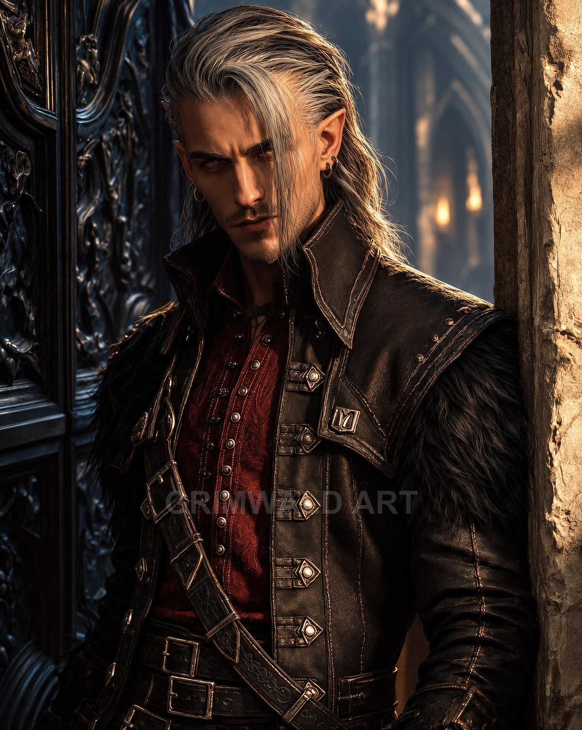 Silver-haired elf with pointed ears and leather armour stands in a dim gothic hall, red tunic and studded belts catching warm candlelight.