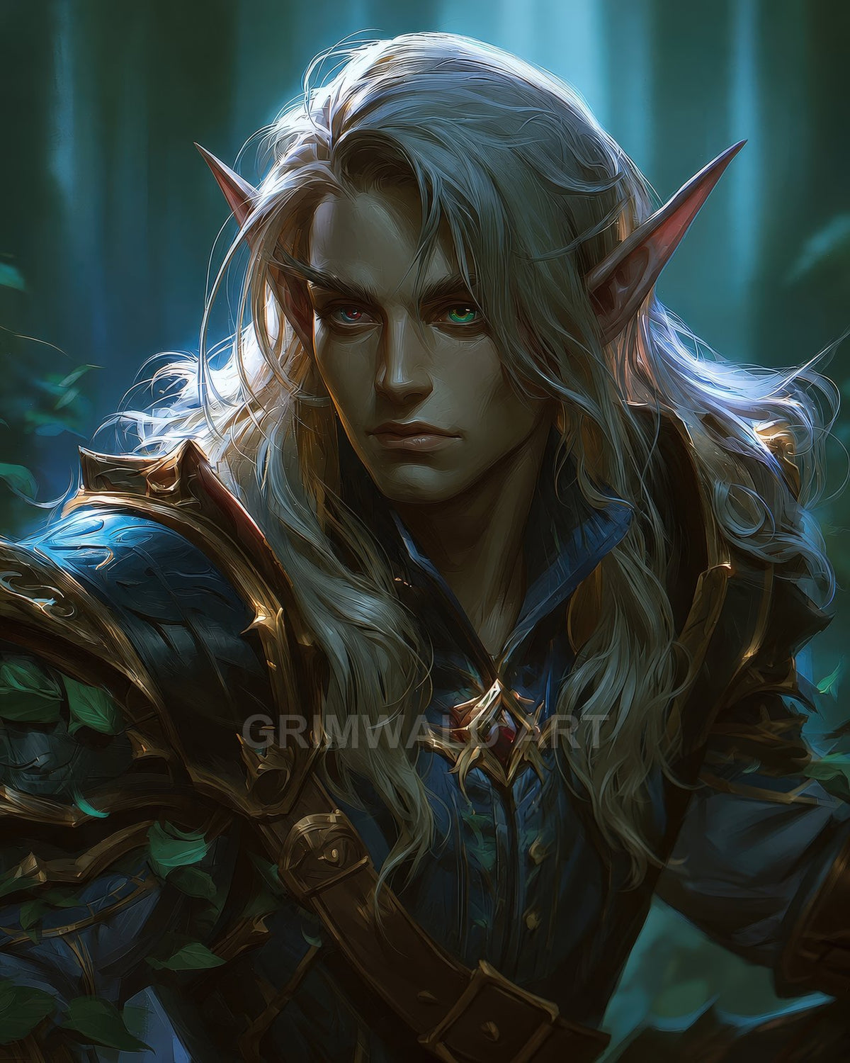 Portrait of a silver-haired male elf in ornate blue and gold armour amid forest light shafts, with intense gaze and sharply pointed ears.