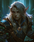 GRID THUMBNAIL — Portrait of a silver-haired male elf in ornate blue and gold armour amid forest light shafts, with intense gaze and sharply pointed ears.