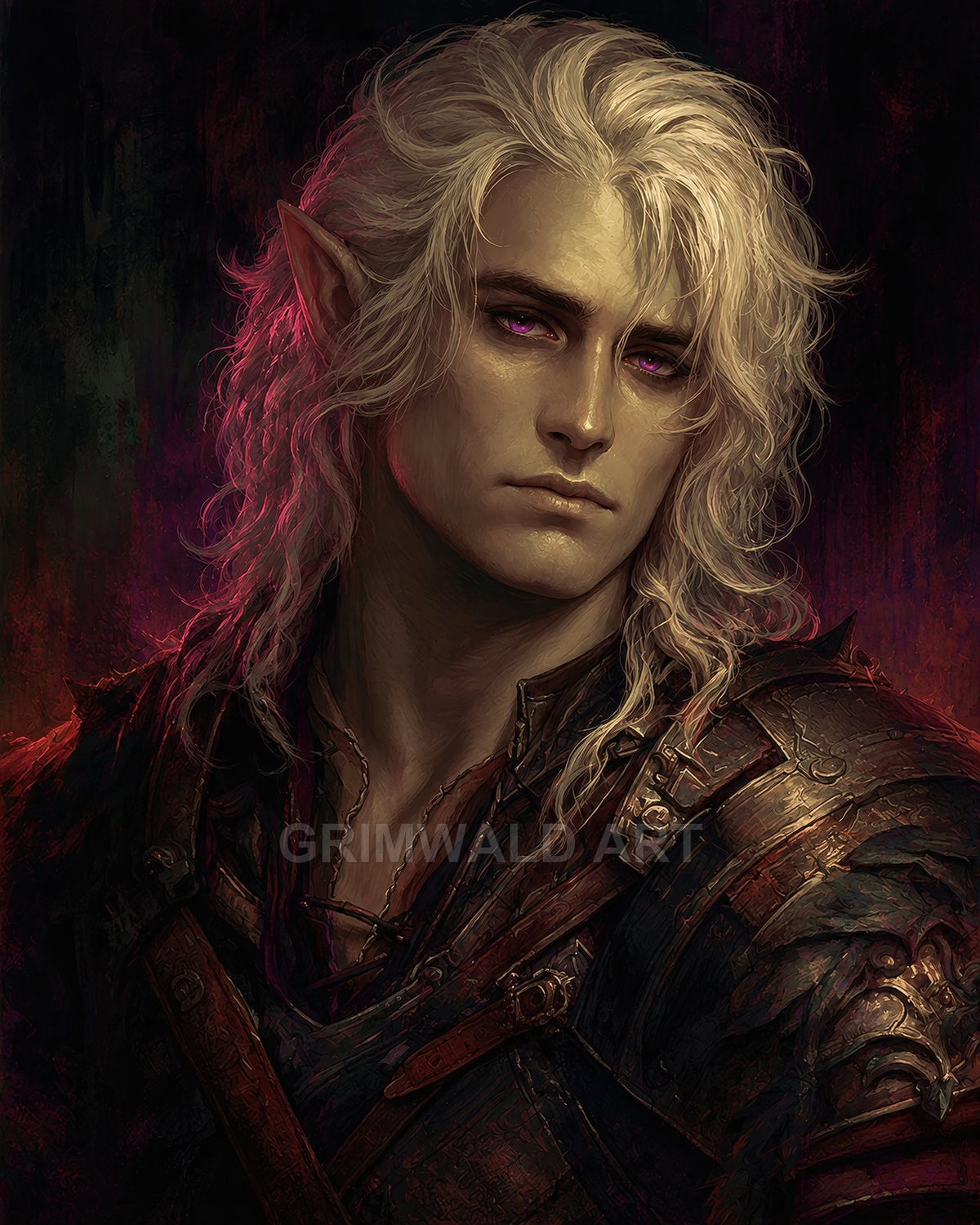 Moody portrait of a silver-haired elf in ornate dark armour, pointed ears and violet eyes, lit by magenta rim light against a shadowy background.