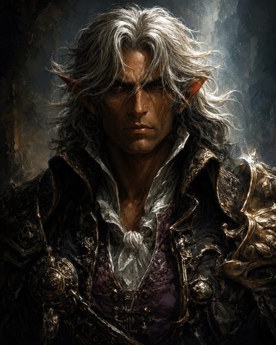 GRID THUMBNAIL — Portrait of a silver-haired male elf in ornate dark armour with gold filigree, pointed ears and intense gaze, lit by warm, moody light.