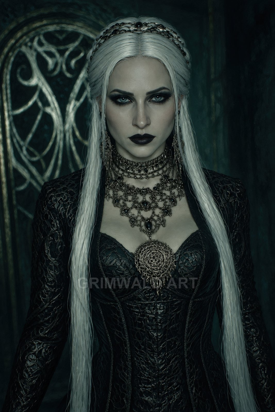 Pale silver-haired woman in dark ornate corset and layered jewellery stands before a gothic doorway, intense gaze and moody teal lighting.