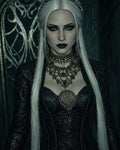 GRID THUMBNAIL — Pale silver-haired woman in dark ornate corset and layered jewellery stands before a gothic doorway, intense gaze and moody teal lighting.