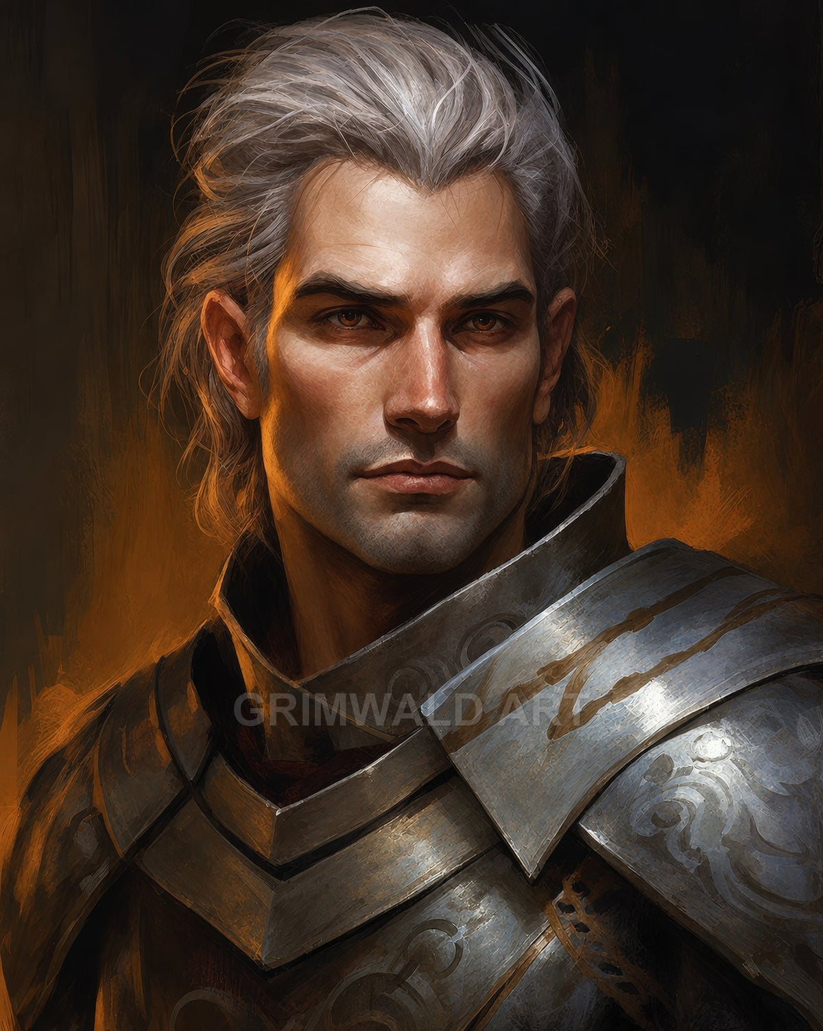 A close-up portrait of a silver-haired male knight in engraved steel plate armour, firelit orange background, serious expression, painterly high-fantasy style.