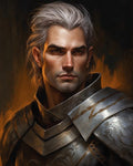 GRID THUMBNAIL — A close-up portrait of a silver-haired male knight in engraved steel plate armour, firelit orange background, serious expression, painterly high-fantasy style.