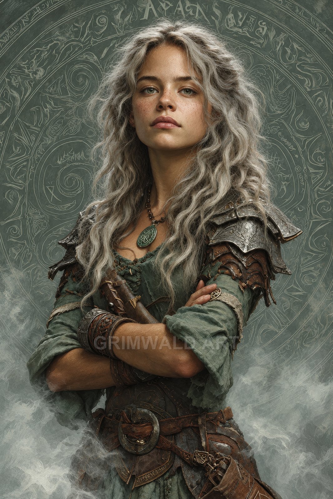 Silver-haired female mage in layered leather and steel armour stands with arms crossed before a circular runic sigil, mist curling around.