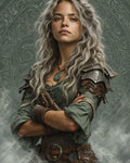 GRID THUMBNAIL — Silver-haired female mage in layered leather and steel armour stands with arms crossed before a circular runic sigil, mist curling around.
