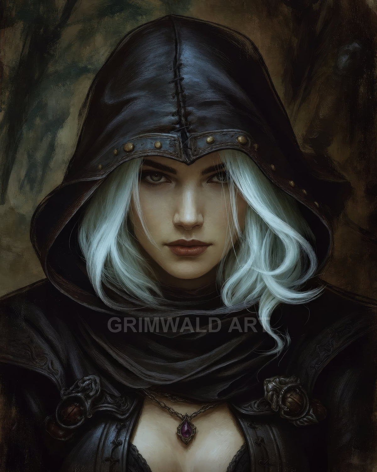 Portrait of a silver-haired woman in a black hooded cloak and leather armour, amethyst pendant at her throat, set against a shadowy forest background.