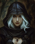 GRID THUMBNAIL — Portrait of a silver-haired woman in a black hooded cloak and leather armour, amethyst pendant at her throat, set against a shadowy forest background.