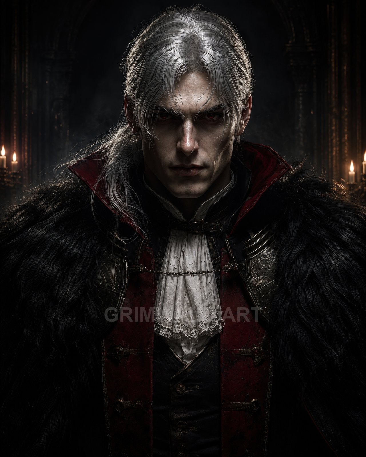 A pale, silver-haired male vampire in ornate red-and-black clothing with lace cravat and fur mantle, lit by candles in a dark gothic interior.