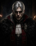 GRID THUMBNAIL — A pale, silver-haired male vampire in ornate red-and-black clothing with lace cravat and fur mantle, lit by candles in a dark gothic interior.