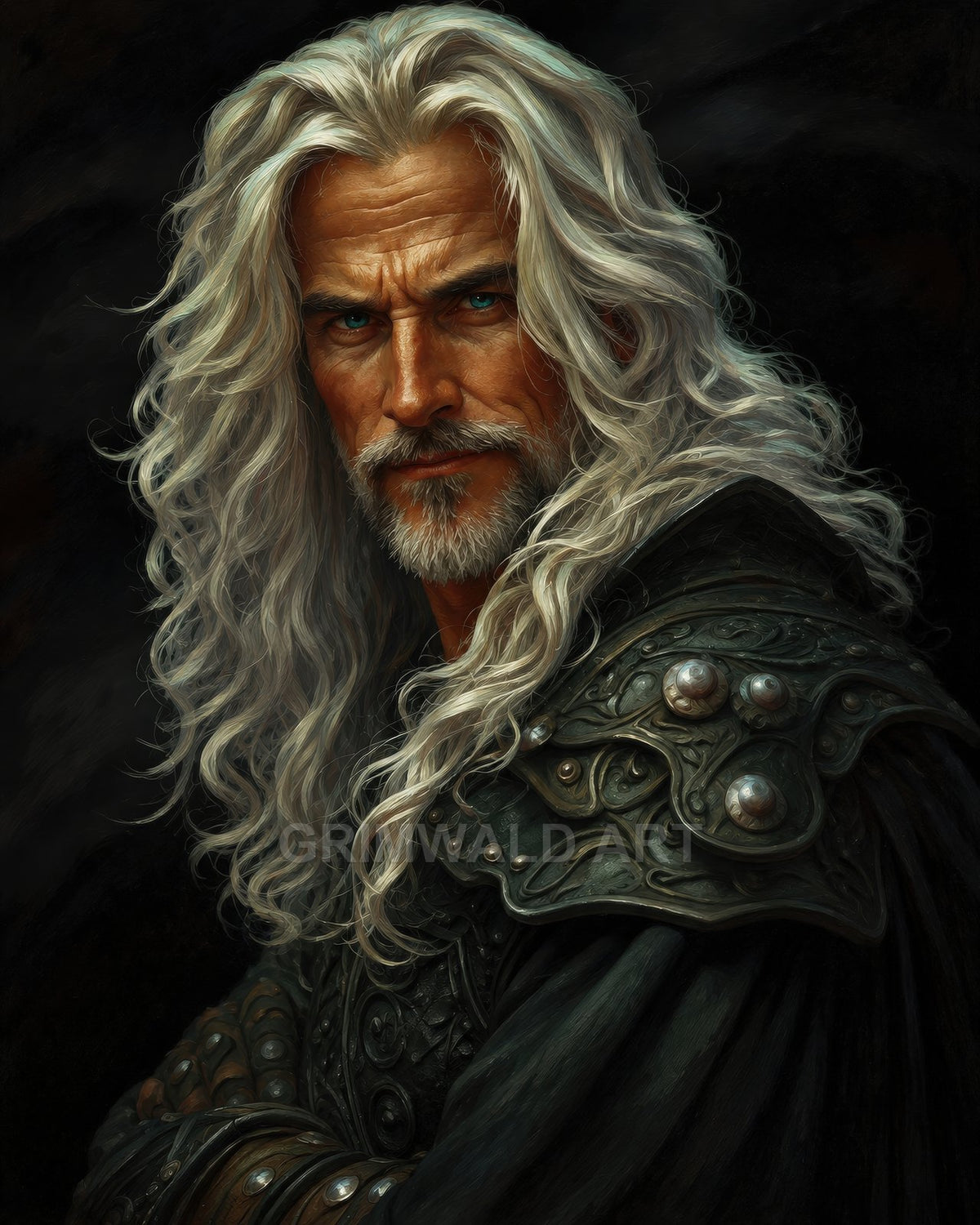 An older, silver-haired male warrior with a salt-and-pepper beard wears dark ornate armour, piercing blue eyes fixed forward, set against a shadowy black background.