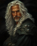 GRID THUMBNAIL — An older, silver-haired male warrior with a salt-and-pepper beard wears dark ornate armour, piercing blue eyes fixed forward, set against a shadowy black background.
