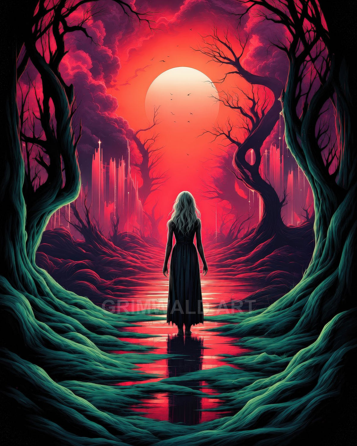 A lone silver-haired woman in a dark dress stands in a flooded, twisted forest beneath a vast red moon amid ominous clouds and distant spires.