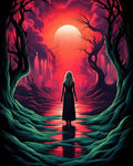 GRID THUMBNAIL — A lone silver-haired woman in a dark dress stands in a flooded, twisted forest beneath a vast red moon amid ominous clouds and distant spires.