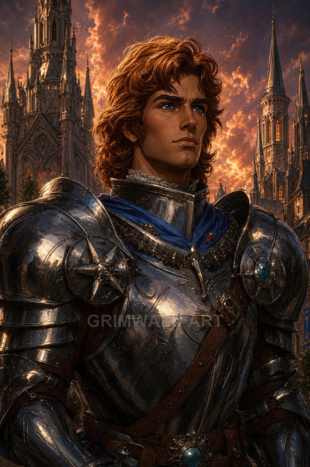 Heroic young male knight in ornate silver armour with blue scarf before a gothic cathedral at sunset, glowing clouds and intricate metalwork.