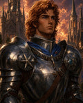 GRID THUMBNAIL — Heroic young male knight in ornate silver armour with blue scarf before a gothic cathedral at sunset, glowing clouds and intricate metalwork.