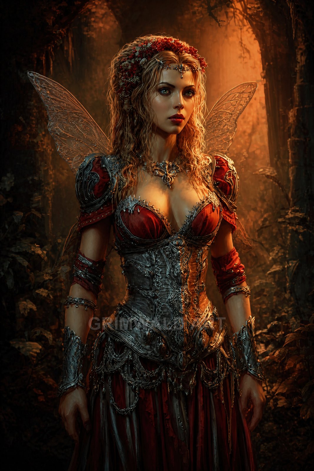 Armoured fairy with translucent wings and flower crown stands in a warm, golden forest, wearing red gown and intricate silver corset.