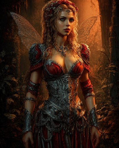 GRID THUMBNAIL — Armoured fairy with translucent wings and flower crown stands in a warm, golden forest, wearing red gown and intricate silver corset.