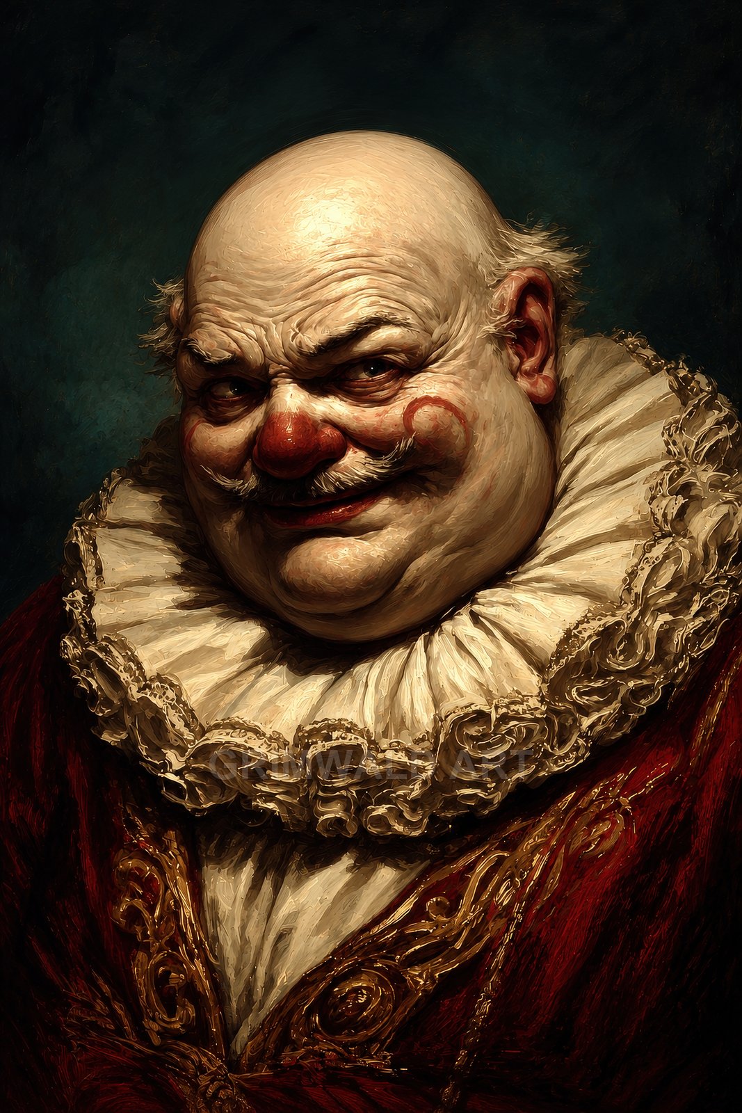 Oil-painted portrait of a bald clown jester with red nose and ornate ruff collar, wearing embroidered red velvet costume against a dark background.