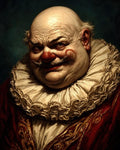 GRID THUMBNAIL — Oil-painted portrait of a bald clown jester with red nose and ornate ruff collar, wearing embroidered red velvet costume against a dark background.