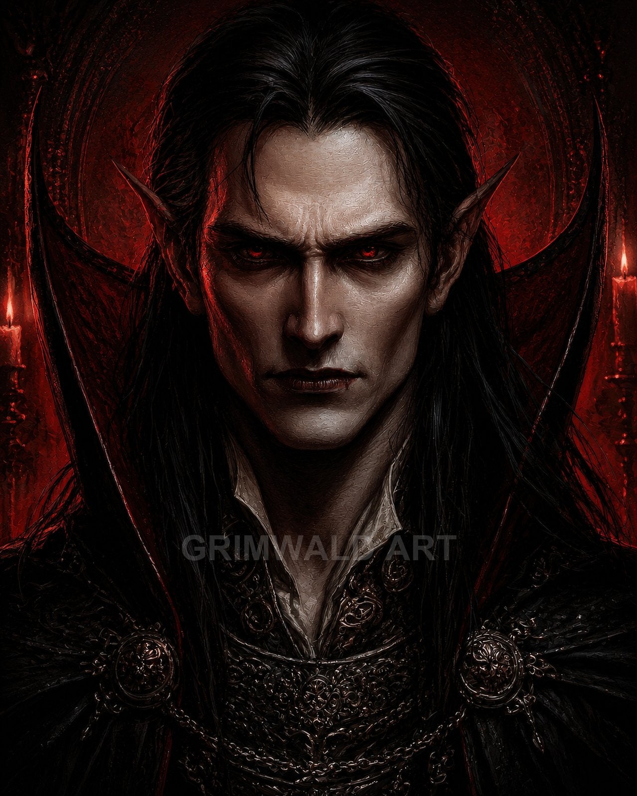 Close-up portrait of a male elf with glowing red eyes, long black hair, and ornate dark armour, flanked by candles against a crimson background.