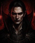 GRID THUMBNAIL — Close-up portrait of a male elf with glowing red eyes, long black hair, and ornate dark armour, flanked by candles against a crimson background.
