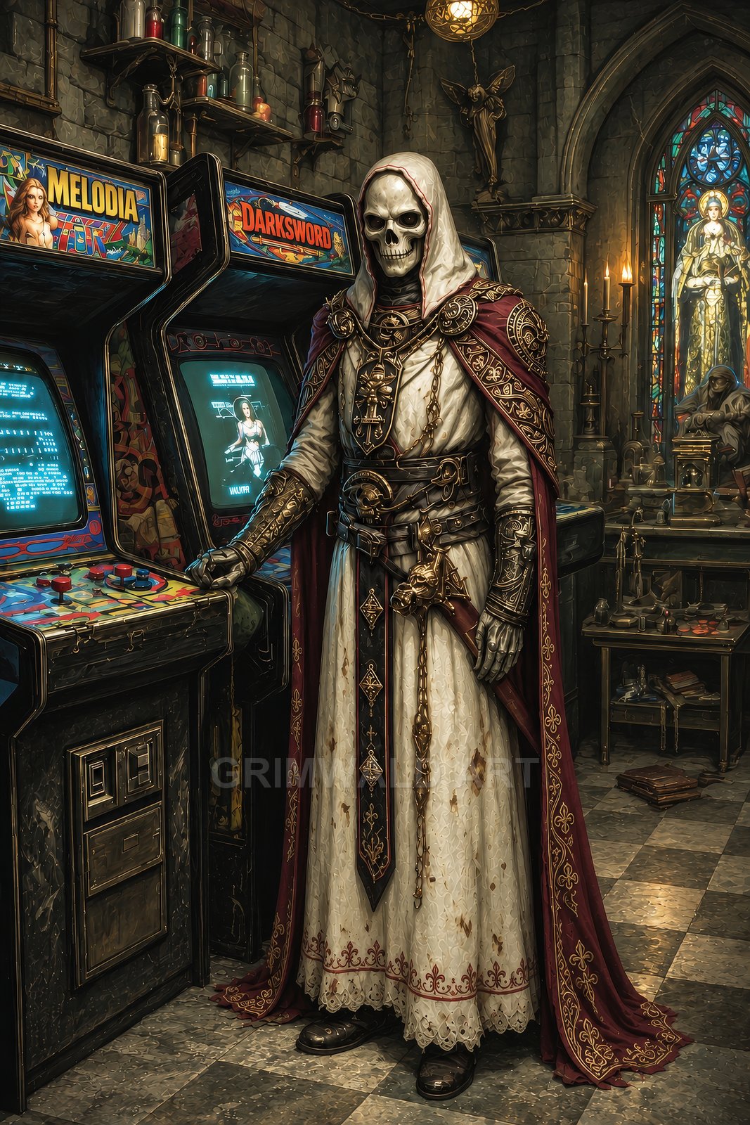 A robed skeletal cleric stands beside vintage arcade machines in a candlelit gothic cathedral, ornate armour and stained glass framing the surreal scene.