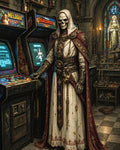GRID THUMBNAIL — A robed skeletal cleric stands beside vintage arcade machines in a candlelit gothic cathedral, ornate armour and stained glass framing the surreal scene.