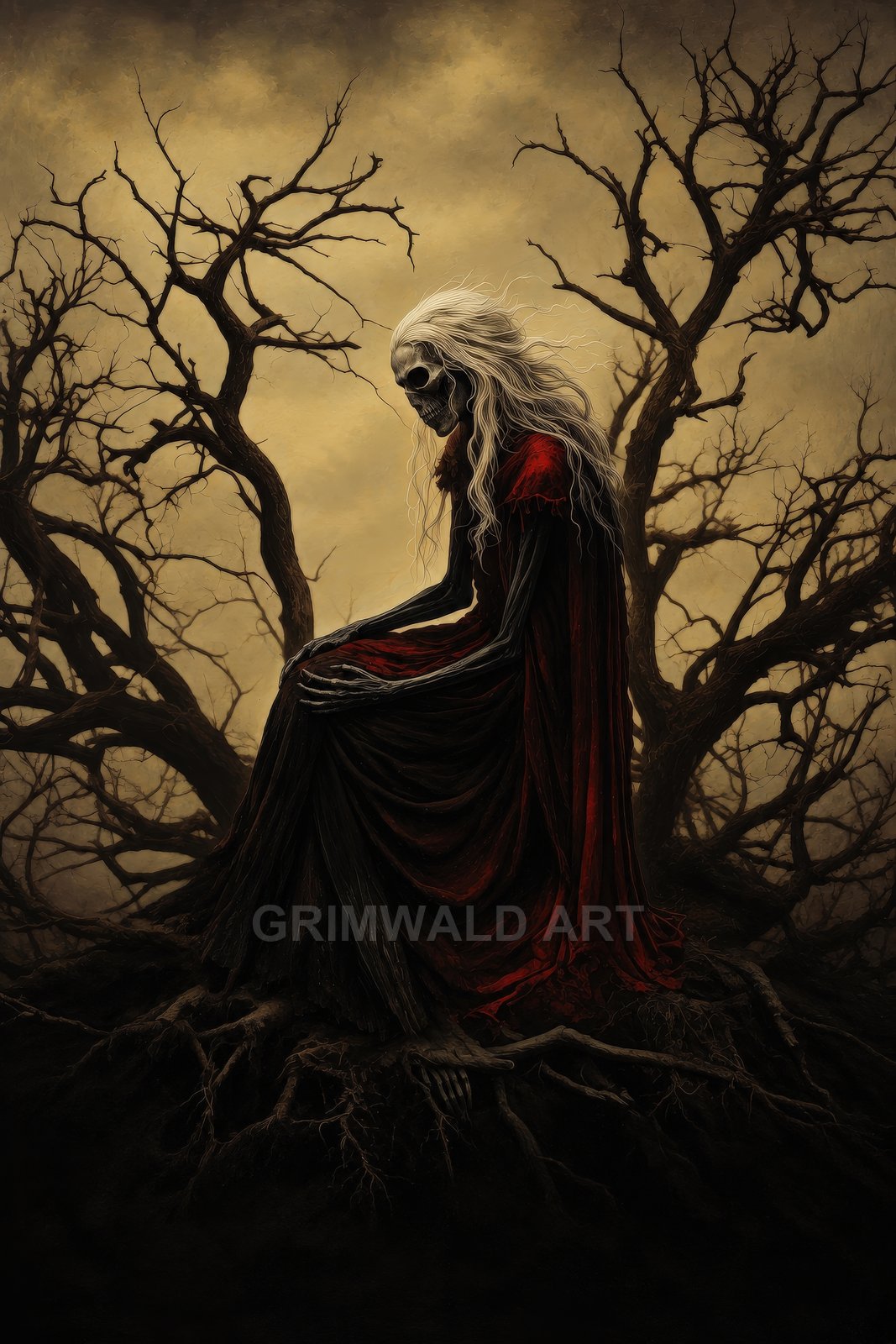 An emaciated undead woman with long white hair and a red tattered gown sits among gnarled roots in a bleak, leafless forest.