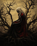 GRID THUMBNAIL — An emaciated undead woman with long white hair and a red tattered gown sits among gnarled roots in a bleak, leafless forest.