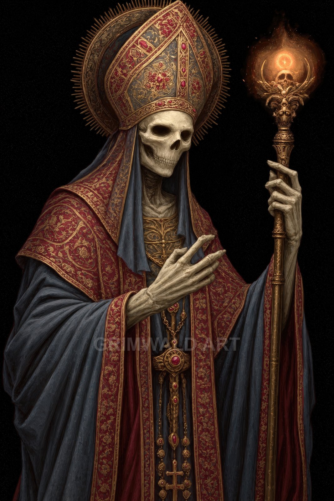 Undead skeletal bishop in ornate red-gold vestments holds glowing skull-topped staff against dark background, making a solemn gesture with bony hand.