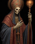 GRID THUMBNAIL — Undead skeletal bishop in ornate red-gold vestments holds glowing skull-topped staff against dark background, making a solemn gesture with bony hand.