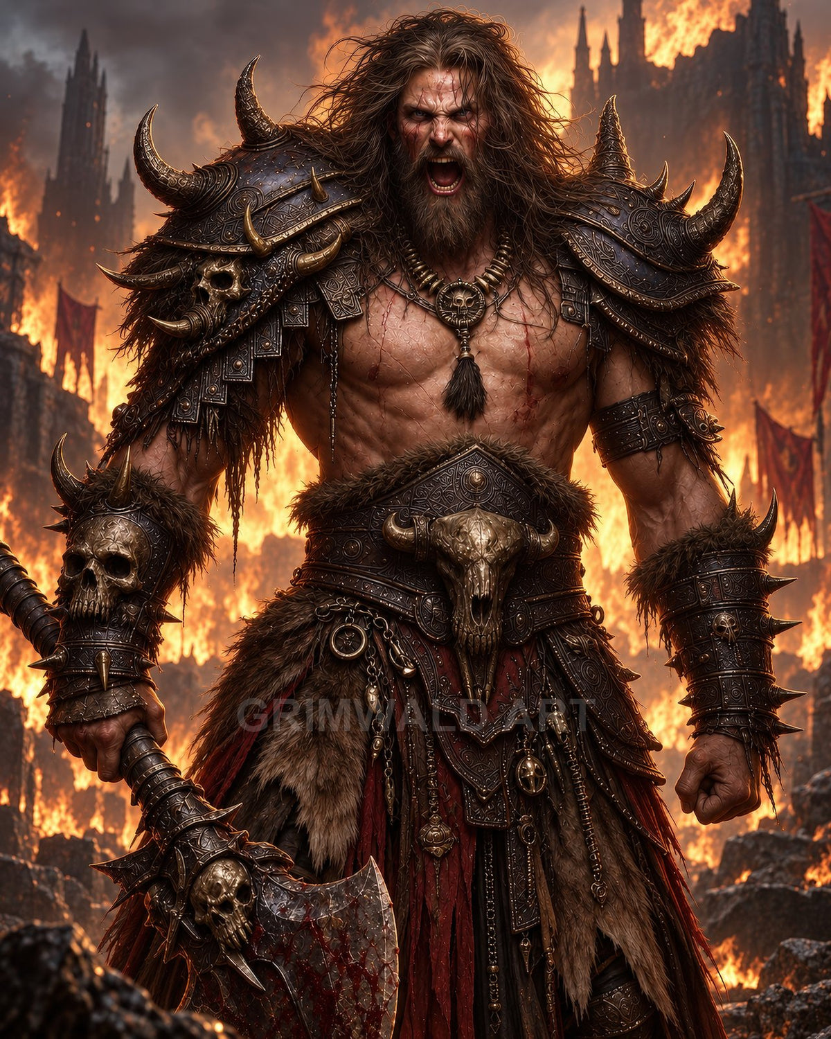 Armoured barbarian warrior roaring amid flames, bloodied axe in hand, skulls and horns on spiked pauldrons, burning fortress looming in the background.