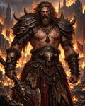GRID THUMBNAIL — Armoured barbarian warrior roaring amid flames, bloodied axe in hand, skulls and horns on spiked pauldrons, burning fortress looming in the background.