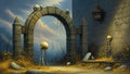 GRID THUMBNAIL — Ruined stone archway with skulls and a skeletal figure in a twilight courtyard beside a castle wall and lantern, dry grasses and mountains.