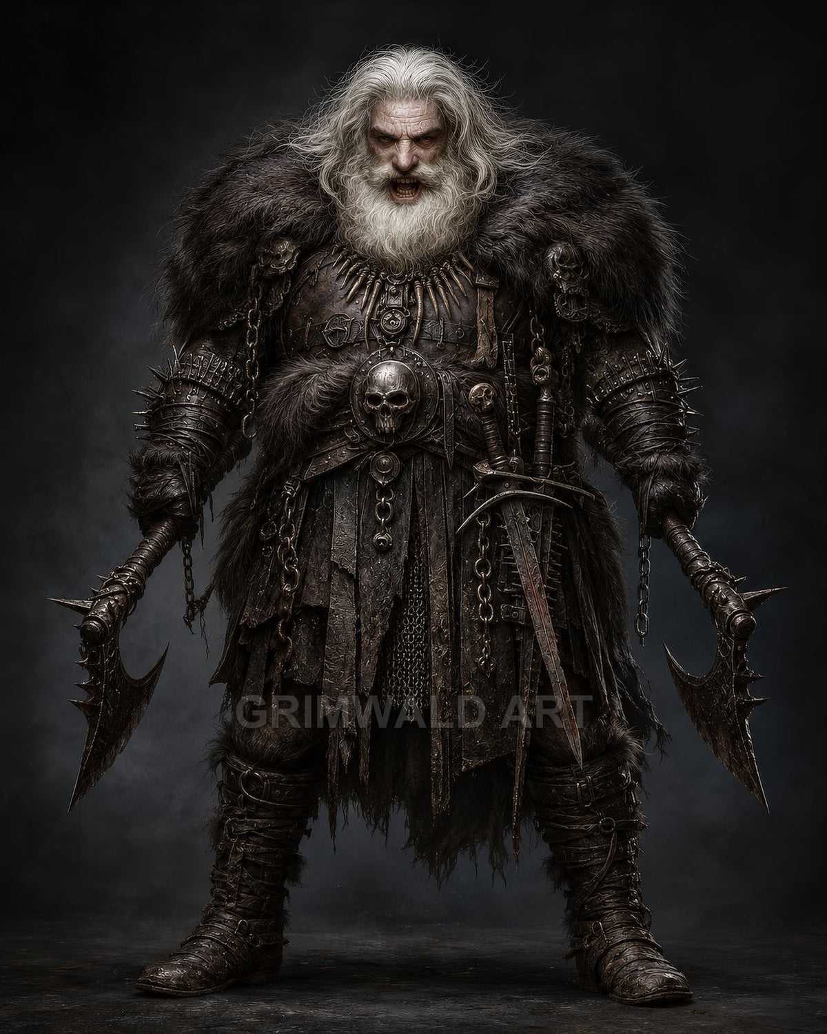 Grim bearded barbarian in fur and skull-adorned armour holds twin spiked axes, a sword hanging at his waist against a dark moody backdrop.