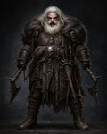 GRID THUMBNAIL — Grim bearded barbarian in fur and skull-adorned armour holds twin spiked axes, a sword hanging at his waist against a dark moody backdrop.