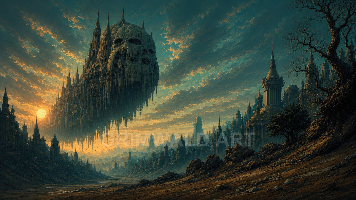 A colossal floating skull-shaped fortress looms over a sprawling gothic city at sunset, teal clouds glowing above rocky foreground and twisted bare tree.