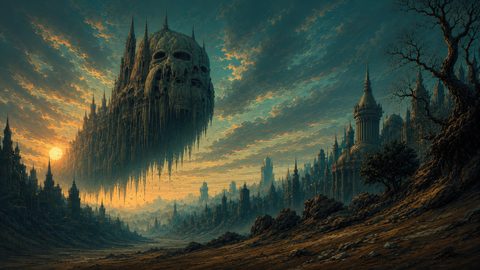 GRID THUMBNAIL — A colossal floating skull-shaped fortress looms over a sprawling gothic city at sunset, teal clouds glowing above rocky foreground and twisted bare tree.