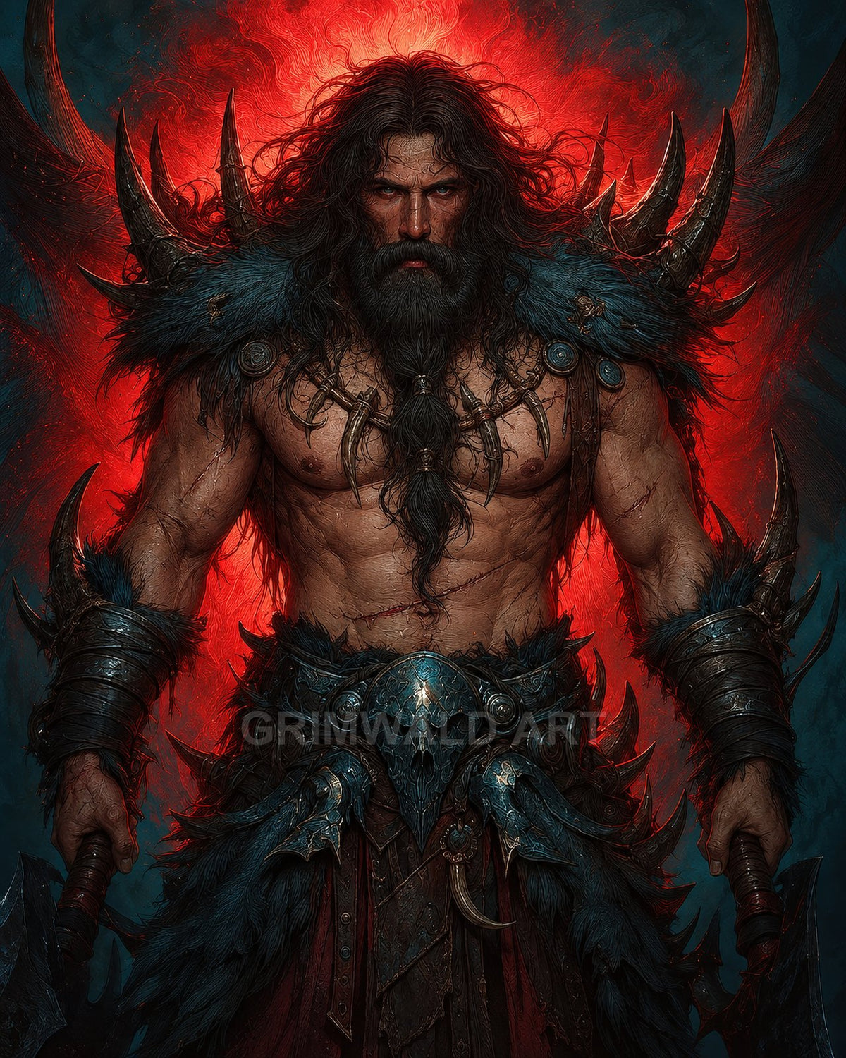 Muscular bearded barbarian with fur and skull armour stands with twin axes before a fiery red halo, exuding menace and power.