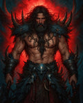 GRID THUMBNAIL — Muscular bearded barbarian with fur and skull armour stands with twin axes before a fiery red halo, exuding menace and power.