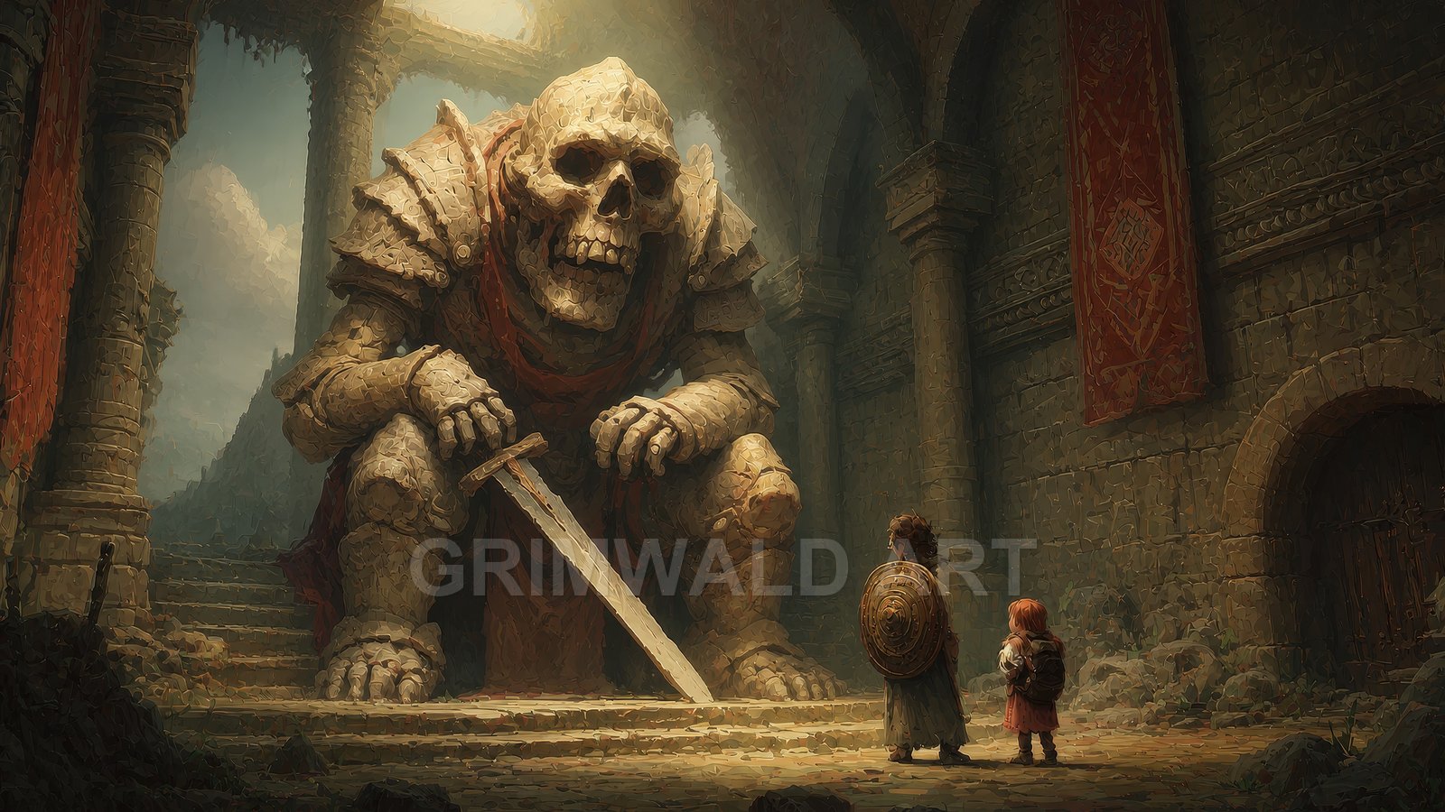 Gigantic skeletal stone guardian kneels in a ruined hall, sword grounded, while two small travellers stand before it amid pillars and tattered red banners.