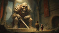 GRID THUMBNAIL — Gigantic skeletal stone guardian kneels in a ruined hall, sword grounded, while two small travellers stand before it amid pillars and tattered red banners.