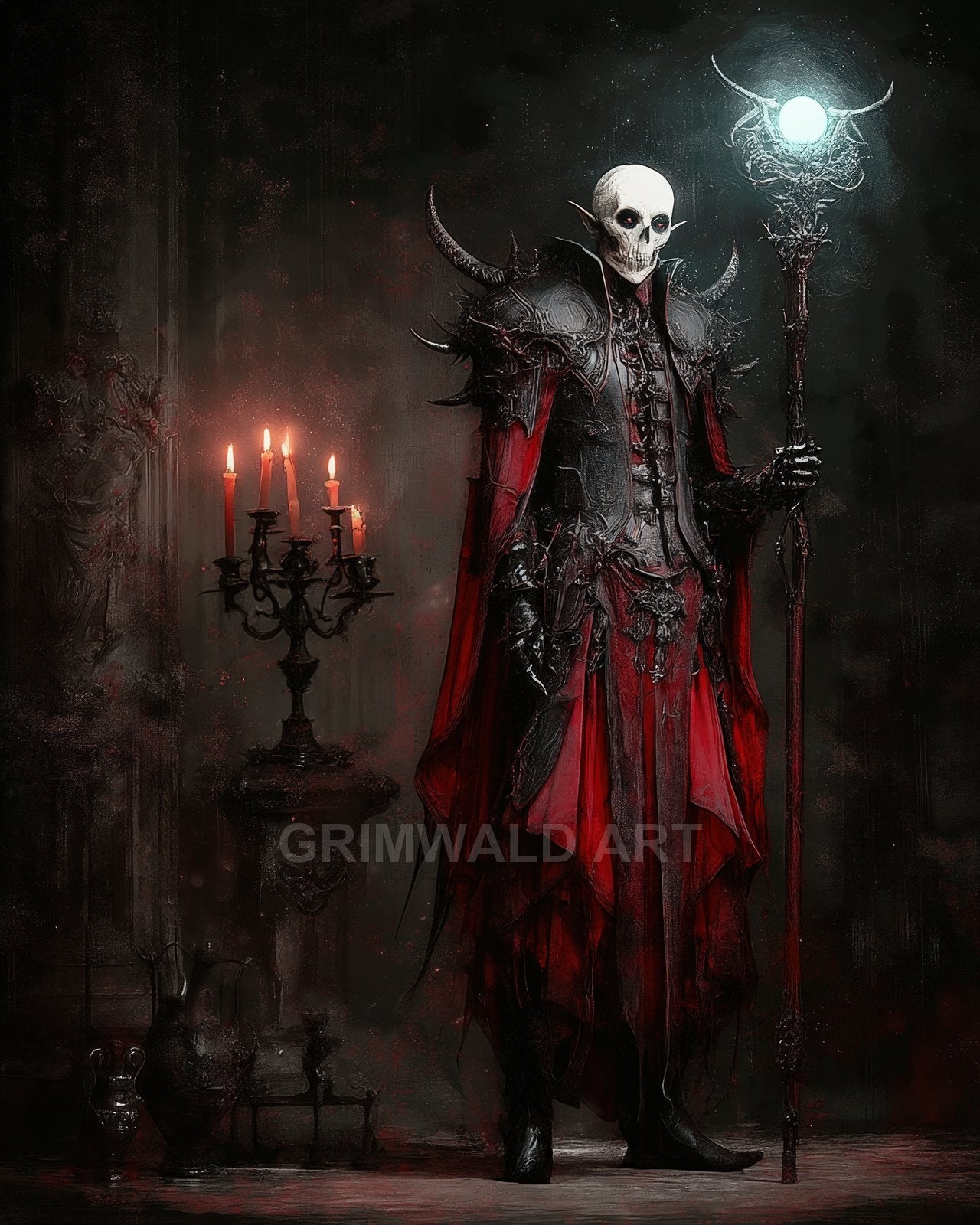 Undead necromancer in barbed black armour and tattered red robes holds a spiked staff with glowing orb, standing beside candles in a dark gothic hall.