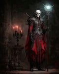 GRID THUMBNAIL — Undead necromancer in barbed black armour and tattered red robes holds a spiked staff with glowing orb, standing beside candles in a dark gothic hall.