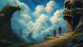 GRID THUMBNAIL — Cobblestone path leads two red-cloaked figures toward a giant skull-shaped cave in mountain cliffs, overlooking a vast sea of sunlit clouds.